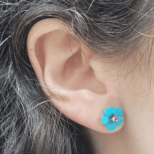 Boucles d'oreilles Boucles d'oreilles fleurs en or noir 18k, turquoises et saphirs 58 Facettes TA88PI686