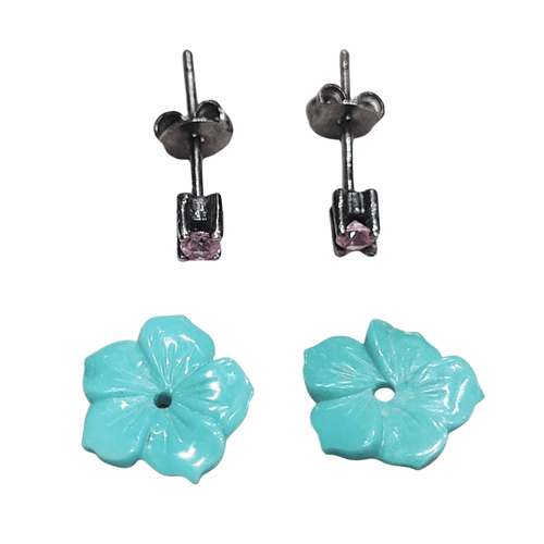 Boucles d'oreilles fleurs en or noir 18k, turquoises et saphirs 58 Facettes TA88PI686