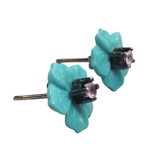 Boucles d'oreilles Boucles d'oreilles fleurs en or noir 18k, turquoises et saphirs 58 Facettes TA88PI686