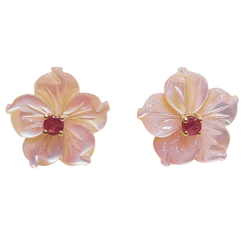 Boucles d'oreilles fleurs en or 18k, nacre et rubis 58 Facettes T289PI25