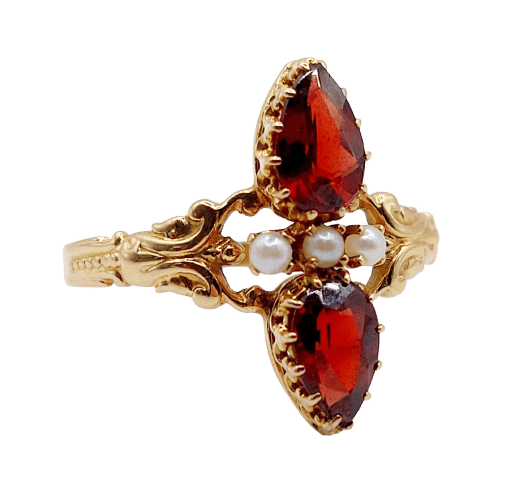 Bague marquise antique en or rose 18k, grenat poire et perles