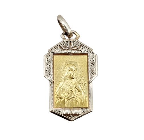 Médaille religieuse Art déco en or 18k, Vierge Marie et diamants