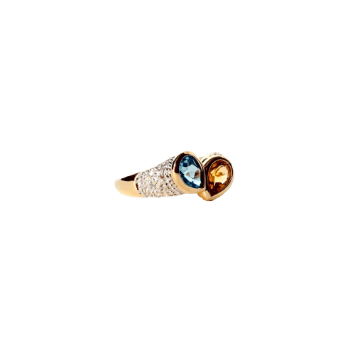 Toi & Moi - Bague en or jaune, citrine, aigue-marine et diamants