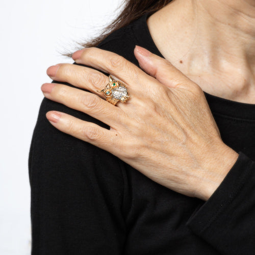 Bague 52 Bague hibou vintage sur branche en or jaune 14 carats, diamants et émeraudes 58 Facettes G13999