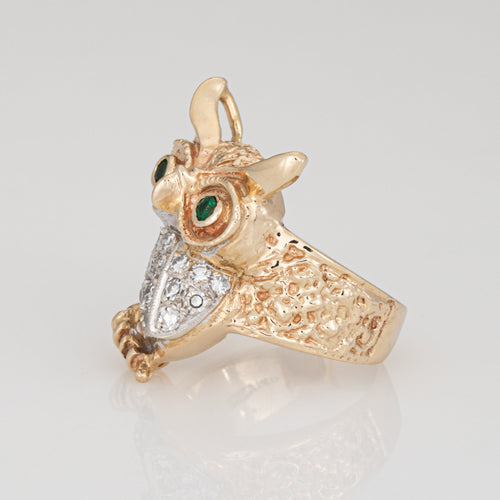 Bague 52 Bague hibou vintage sur branche en or jaune 14 carats, diamants et émeraudes 58 Facettes G13999