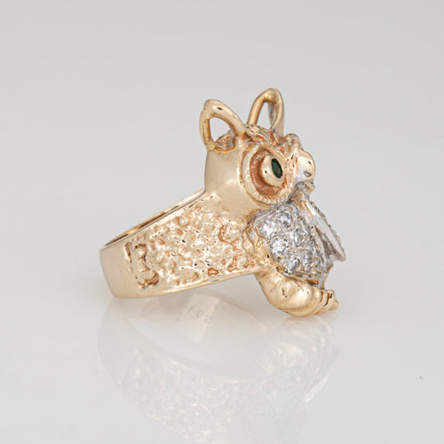 Bague 52 Bague hibou vintage sur branche en or jaune 14 carats, diamants et émeraudes 58 Facettes G13999