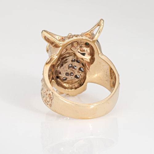 Bague 52 Bague hibou vintage sur branche en or jaune 14 carats, diamants et émeraudes 58 Facettes G13999