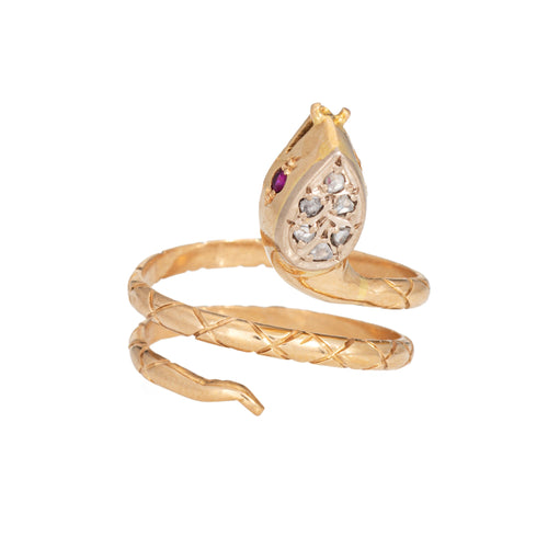 Bague 62 Bague serpent vintage en or jaune 18 carats, diamants et rubis 58 Facettes G14008