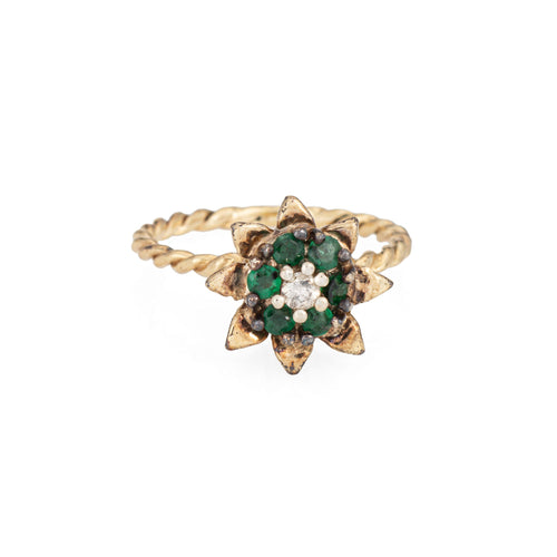Bague 51 Bague tulipe vintage en or jaune 14 carats, diamant et émeraudes 58 Facettes G14019