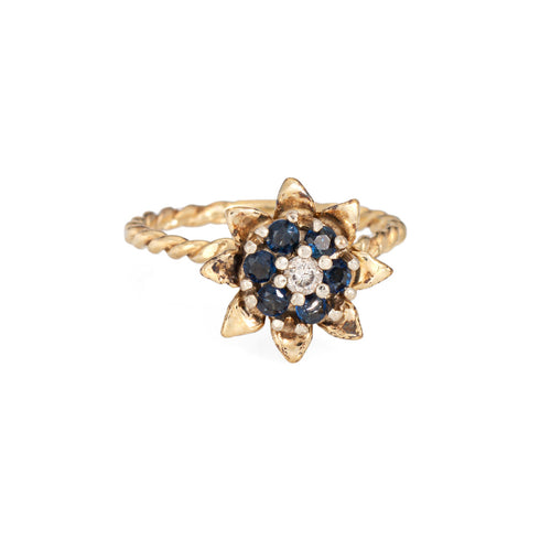 Bague 50.5 Bague tulipe vintage en or jaune 14 carats, saphirs et diamant 58 Facettes G14001
