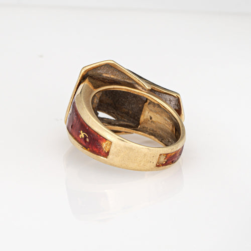 Bague 49 Bague boucle de ceinture vintage en or jaune 14k et émail rouge 58 Facettes G14041