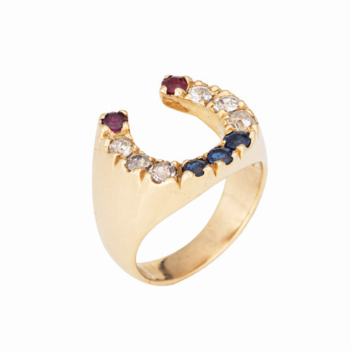 Bague Bague fer à cheval vintage en or jaune 14k, diamants, saphirs et rubis 58 Facettes G14035