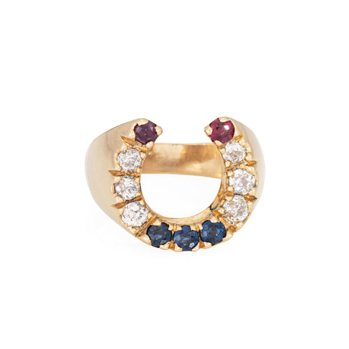 Bague Bague fer à cheval vintage en or jaune 14k, diamants, saphirs et rubis 58 Facettes G14035