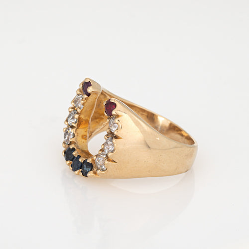 Bague Bague fer à cheval vintage en or jaune 14k, diamants, saphirs et rubis 58 Facettes G14035