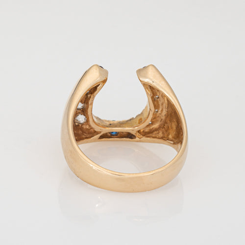 Bague Bague fer à cheval vintage en or jaune 14k, diamants, saphirs et rubis 58 Facettes G14035