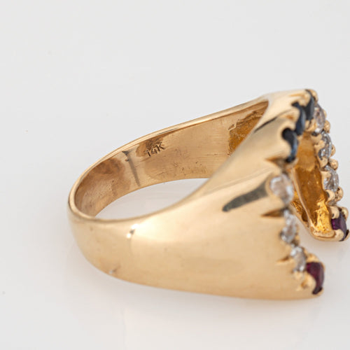Bague Bague fer à cheval vintage en or jaune 14k, diamants, saphirs et rubis 58 Facettes G14035