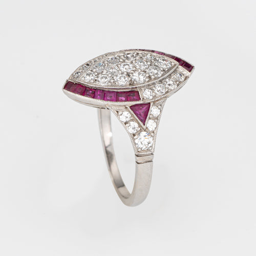 Bague 50 Art déco - Bague navette diamants et rubis en platine 900 58 Facettes G14042