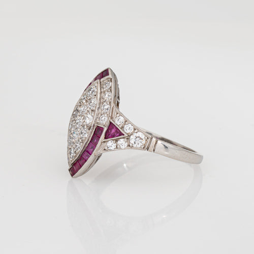 Bague 50 Art déco - Bague navette diamants et rubis en platine 900 58 Facettes G14042