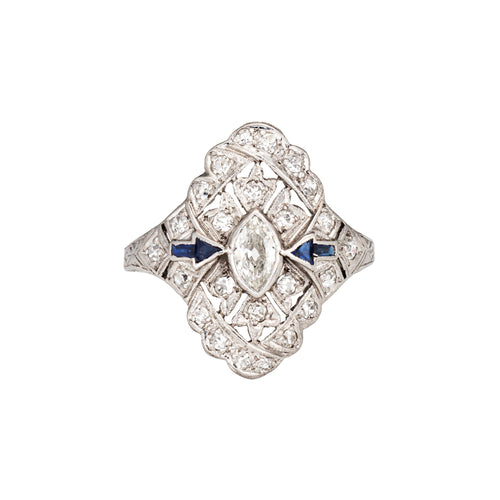 Bague Art déco - Bague navette flèche diamants et saphirs en platine 58 Facettes G14024