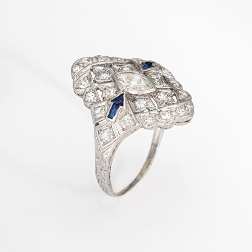 Bague Art déco - Bague navette flèche diamants et saphirs en platine 58 Facettes G14024