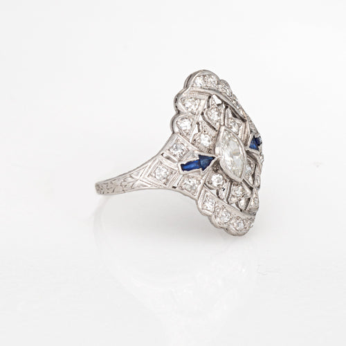 Bague Art déco - Bague navette flèche diamants et saphirs en platine 58 Facettes G14024