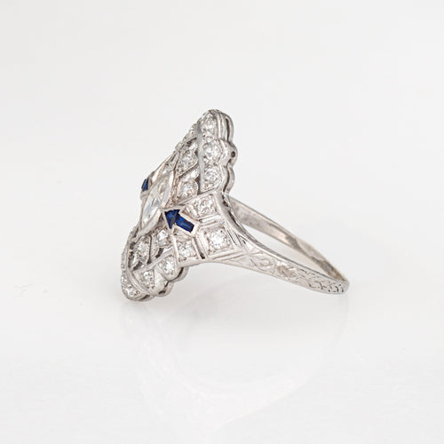 Bague Art déco - Bague navette flèche diamants et saphirs en platine 58 Facettes G14024
