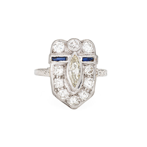 Bague 51 Art déco - Bague bouclier en platine 900, diamants et saphirs 58 Facettes G14026