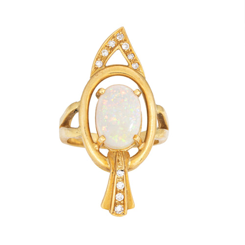 Bague 49 Bague cocktail abstraite vintage années 1970 en or jaune 18 carats, opale et diamants 58 Facettes G14014