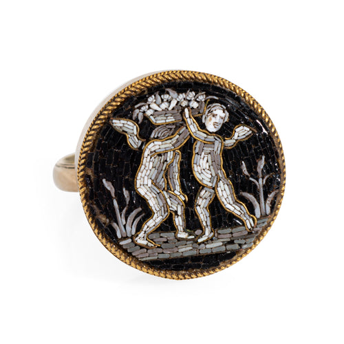 Bague 57 Bague micro-mosaïque victorienne aux chérubins en or jaune 14k 58 Facettes G13903