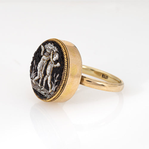 Bague 57 Bague micro-mosaïque victorienne aux chérubins en or jaune 14k 58 Facettes G13903