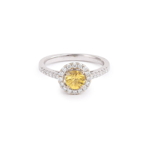 Bague 53 Bague marguerite - Saphir jaune et diamants en or gris 18 carats 58 Facettes B365