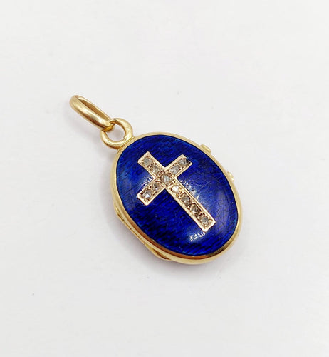 Pendentif porte-photo croix victorien en or 18k, diamants et émail 58 Facettes A07566