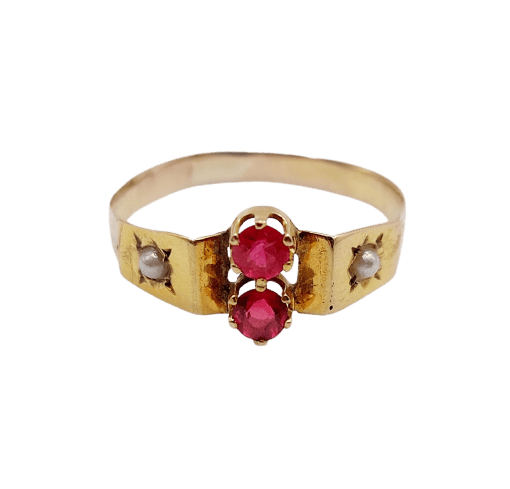 Bague toi et moi antique en or 18k, pierres rouges et perles