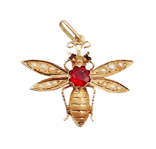 Pendentif abeille victorien en or rose, grenat et perles