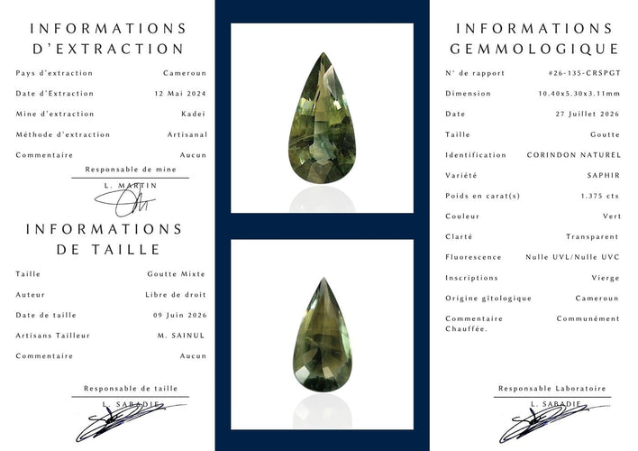 Saphir vert du Cameroun - Pierre goutte mixte 1,375 ct 58 Facettes #26-135-CRSPGT