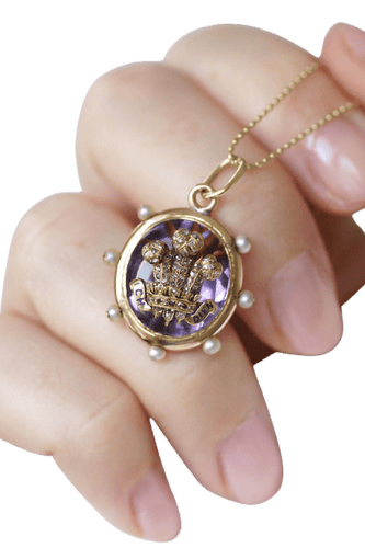 Pendentif ancien Pays de Galles en or rose, améthyste, perles et diamants 58 Facettes