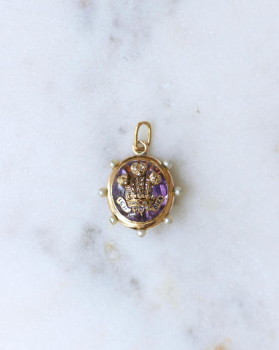Pendentif ancien Pays de Galles en or rose, améthyste, perles et diamants 58 Facettes