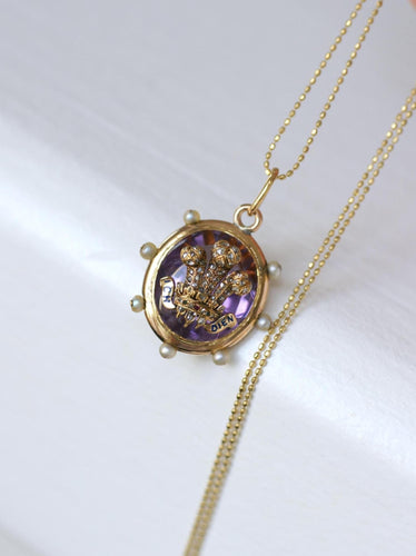 Pendentif ancien Pays de Galles en or rose, améthyste, perles et diamants 58 Facettes