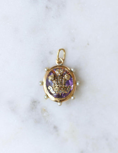Pendentif ancien Pays de Galles en or rose, améthyste, perles et diamants 58 Facettes