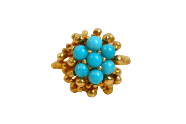 Bague 51 Bague fleur en or jaune 18 carats et turquoises 58 Facettes 3238