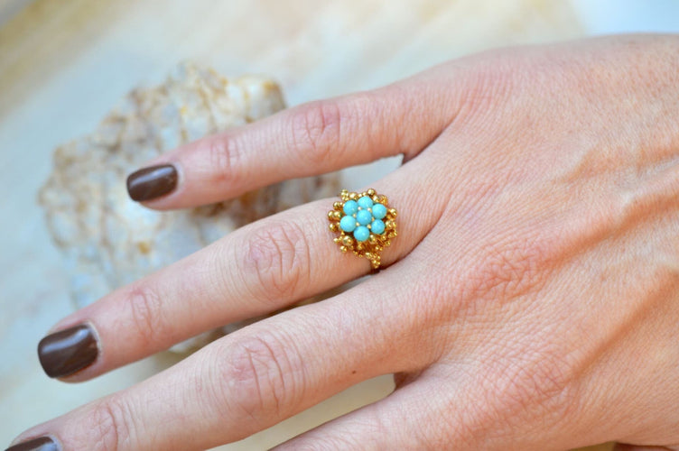 51 Bague fleur en or jaune et turquoises 58 Facettes 3238