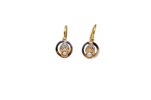 Boucles d'oreilles dormeuses rondes en or jaune, or blanc et perles
