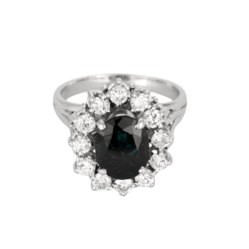 52 Bague marguerite vintage en or blanc, saphir et diamants 58 Facettes BGPanierSH