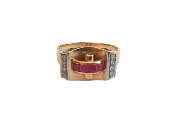 60 Tank Pont - Bague en or rose, platine, rubis et diamants 58 Facettes 01357