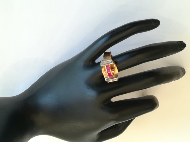 60 Tank Pont - Bague en or rose, platine, rubis et diamants 58 Facettes 01357