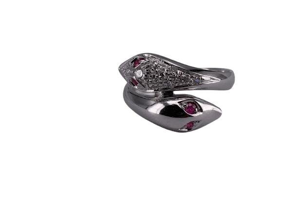 53.5 Bague double serpent en or blanc, rubis et diamants 58 Facettes BA 231
