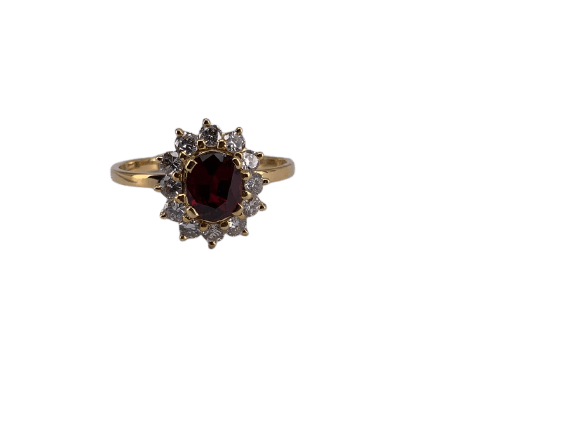 54 Bague marguerite en or jaune avec rubis sang de pigeon et diamants 58 Facettes BA 507