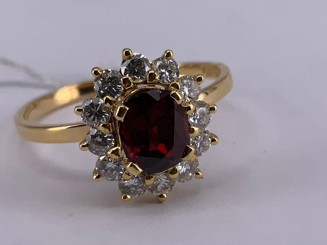 54 Bague marguerite en or jaune avec rubis sang de pigeon et diamants 58 Facettes BA 507
