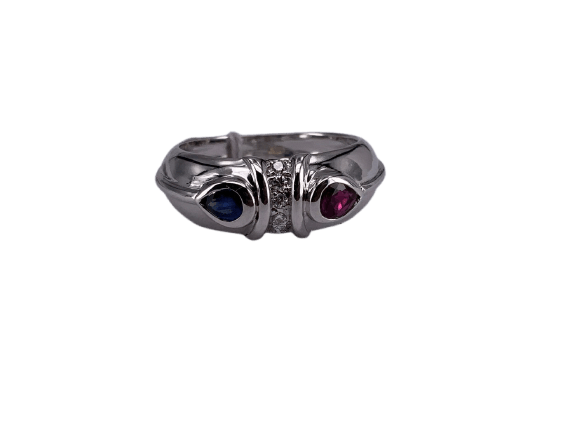 52 Bague bleu blanc rouge en or jaune, rubis, saphir et diamant 58 Facettes BA 785