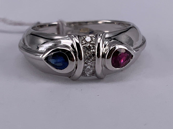 52 Bague bleu blanc rouge en or jaune, rubis, saphir et diamant 58 Facettes BA 785